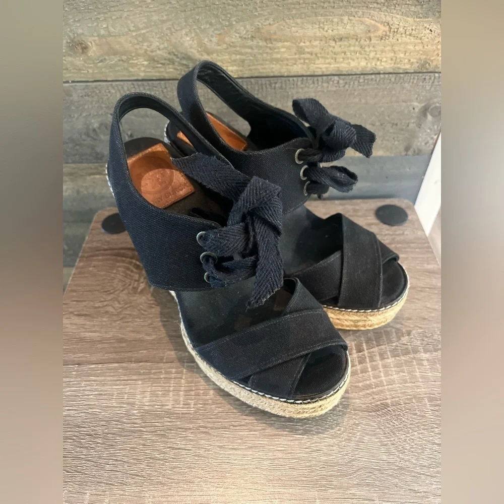 TORY BURCH Black Lace Up Canvas Espadrille Wedges Sandals Size 5
